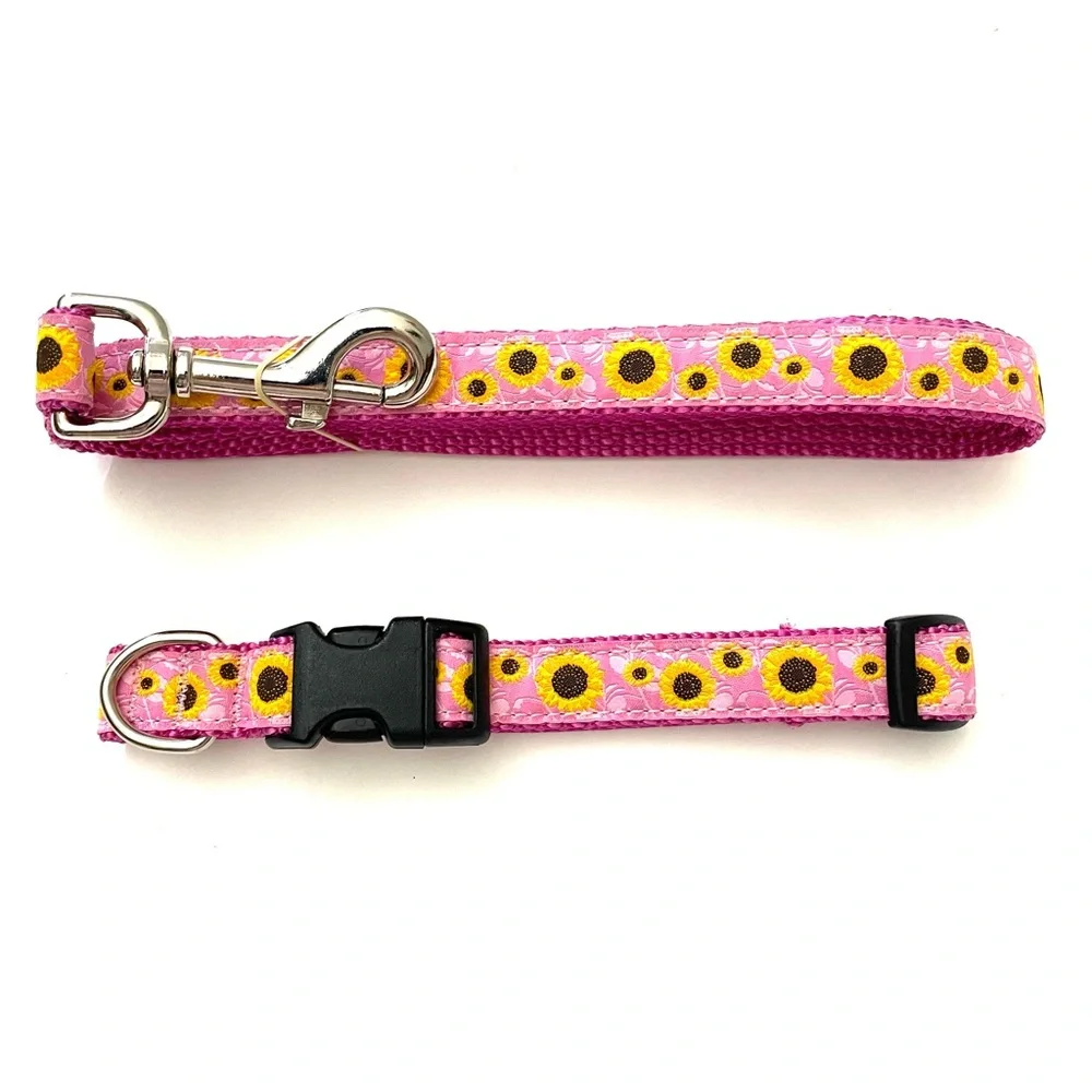 NWOT Preston Nylon Pink Sunflower Dog Collar And 6ft Leash Set